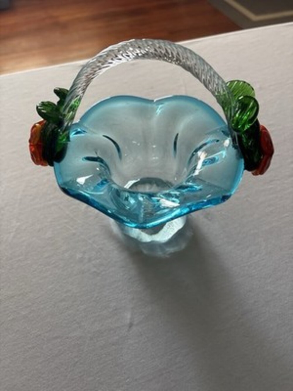 Hand Blown Art Glass Basket Applied Flowers Murano Style Twisted Handle No Chips